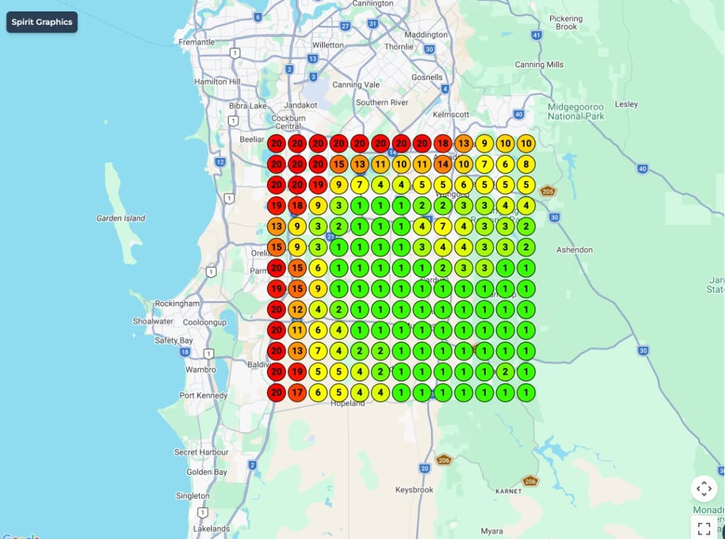Local pack rank map for Spirit Graphics across Perth southern suburbs: grid of ranked positions on Google Maps (green strong, red weak).